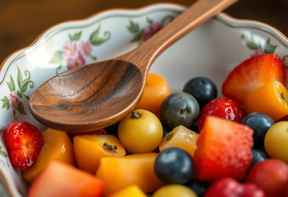 Un coulter posé sur une assiette creuse remplie de fruits colorés