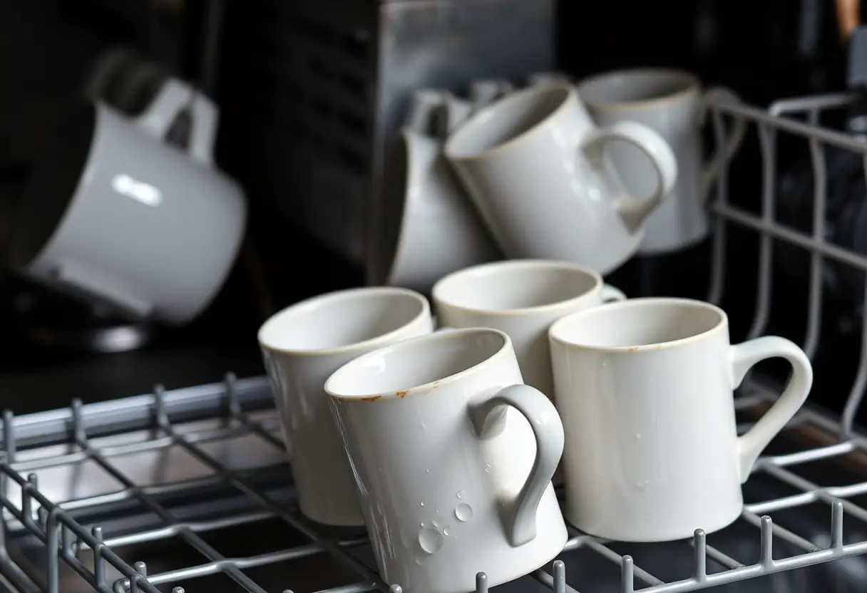 Mugs en céramique bien propres près d'un lave-vaisselle Bosch