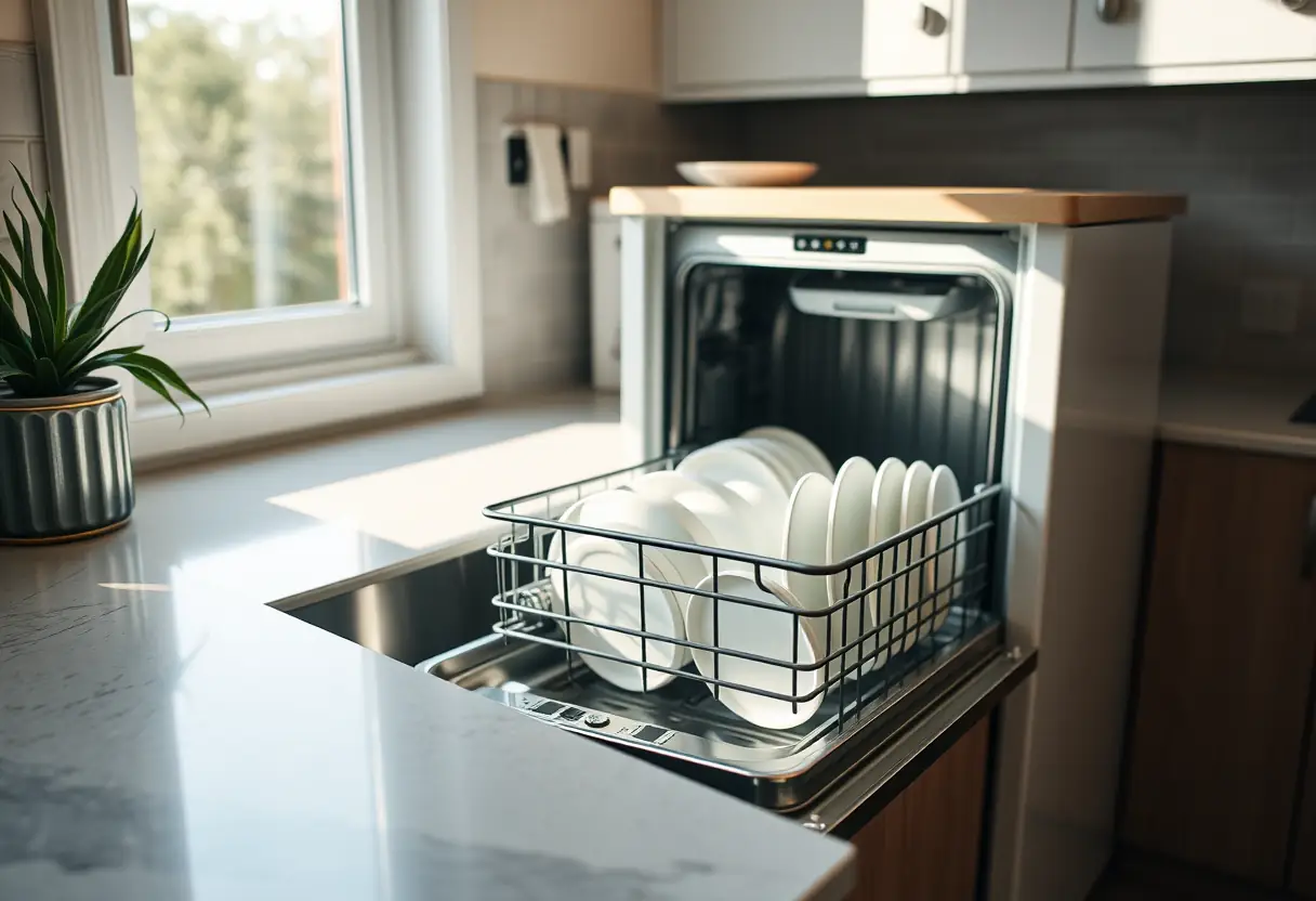 Lave-vaisselle ouvert avec des assiettes propres, lumière naturelle, texte alternatif en français