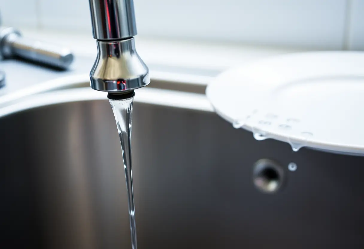 Un robinet qui goutte lentement dans un évier en acier inoxydable avec des gouttes d'eau sur une assiete