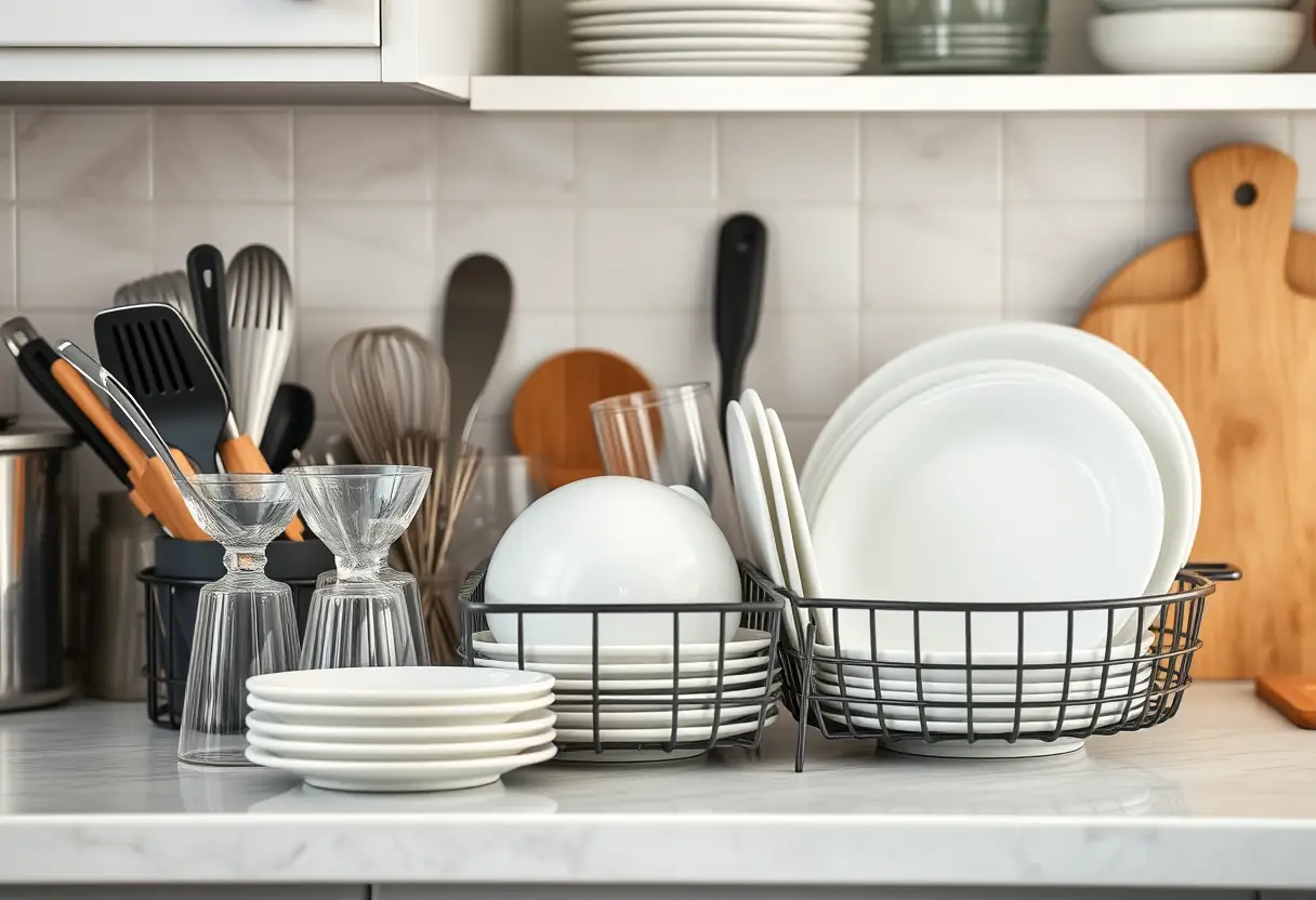 Un plan de travail de cuisine avec divers ustensiles et assiettes prêts à être chargés dans le lave-vaisselle