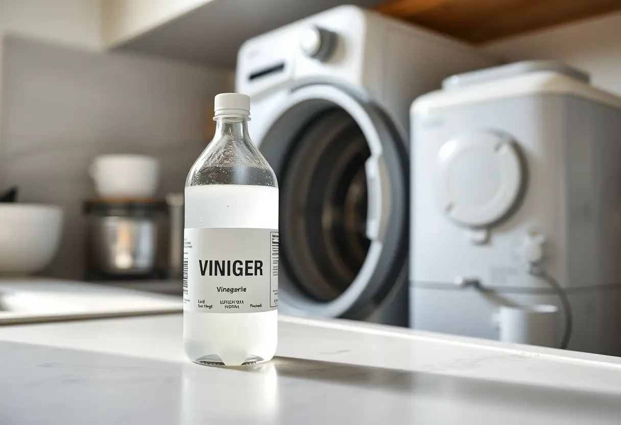 Un plan de travail de cuisine avec une bouteille de vinaigre blanc près d'un lave-vaisselle