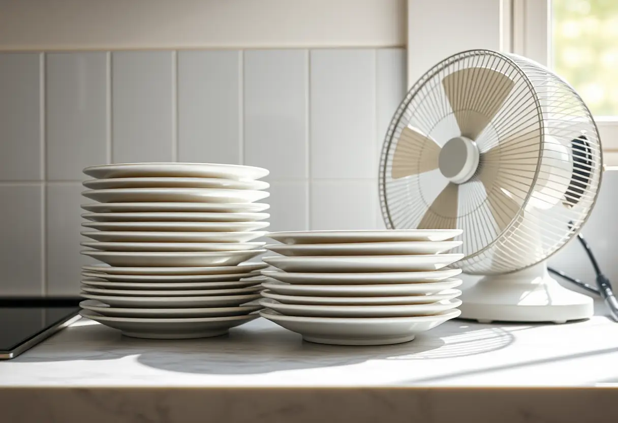 Assiettes propres sèchant sur un plan de travail de cuisine