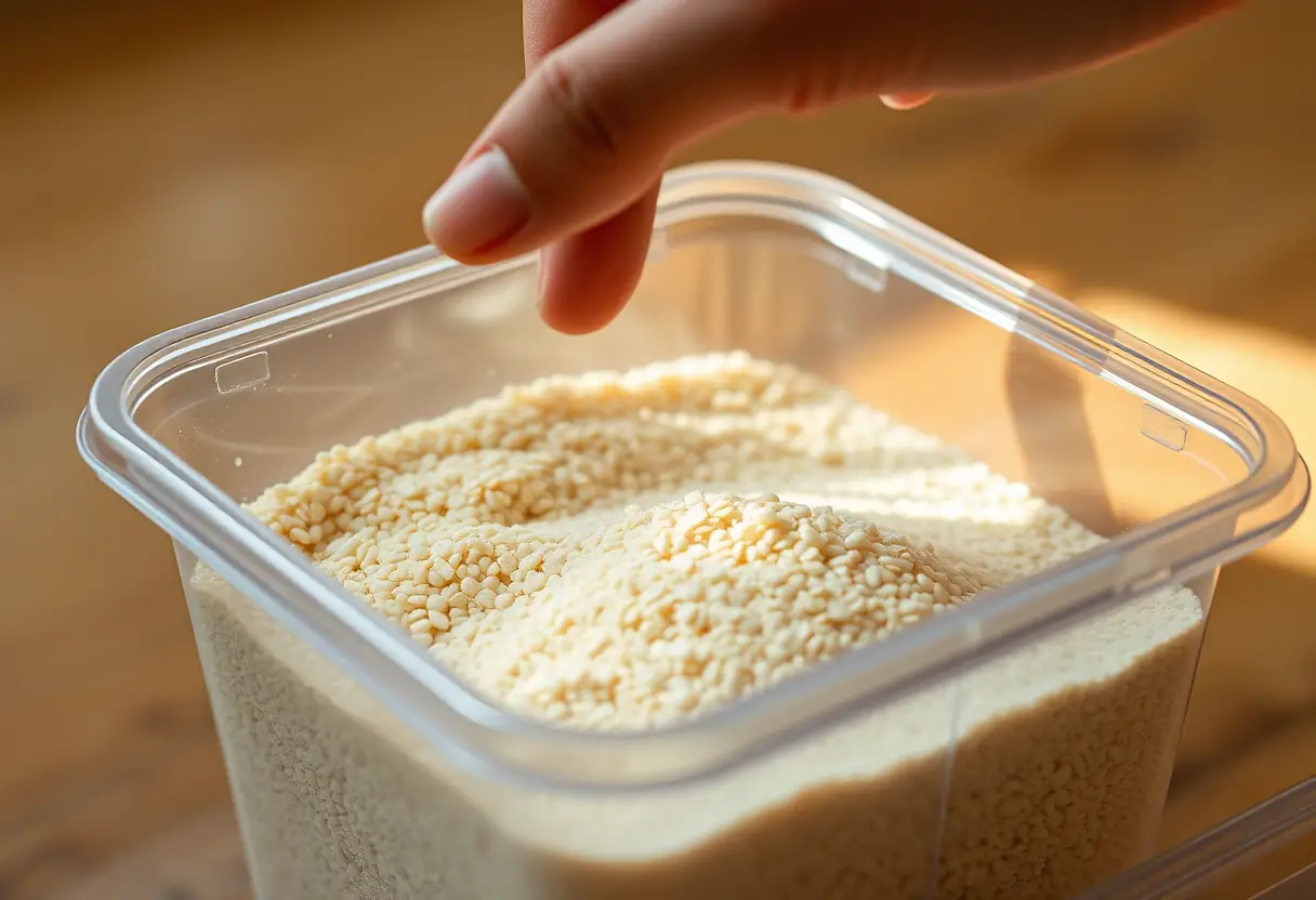 Une main qui saisit des granules de far dans un récipient transparent