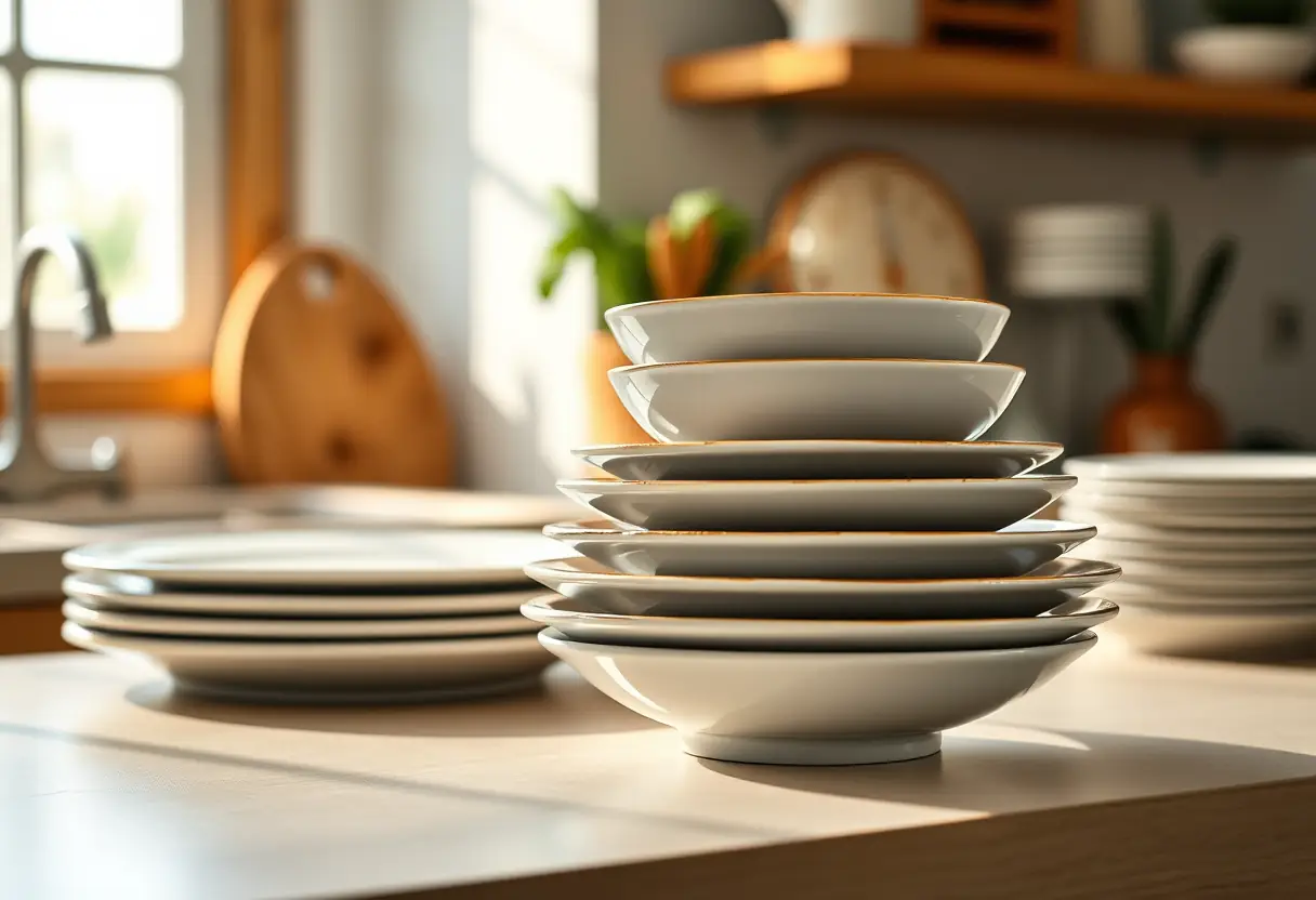 Ensemble d'assiettes empilées dans une cuisine