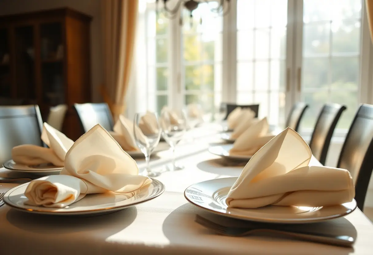 Table dressée avec des serviettes pliées dans des assiettes en porcelaine