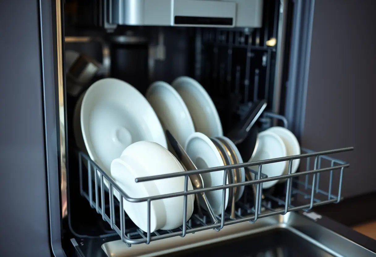 Porte d'un lave-vaisselle ouverte sur des assiettes propres